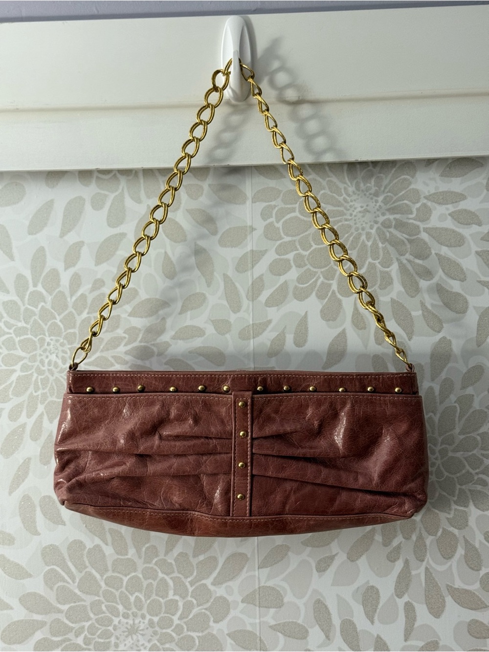 Vintage Violette Nozieres Pink Leather Pleated Gold Studded Chain Strap Bag